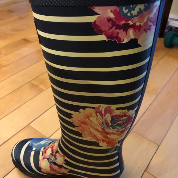 Joules Navy Striped Floral Rain Boots - Picture 3 of 5